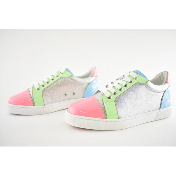 Christian Louboutin Fun Vieira Flat Patent Pink Silver Blue Low Top Sneaker 38.5 - Picture 9 of 12